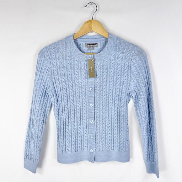 J Crew Cable Knit Crewneck Cardigan 100% Merino Wool Women's XS Blue - Picture 2 of 13